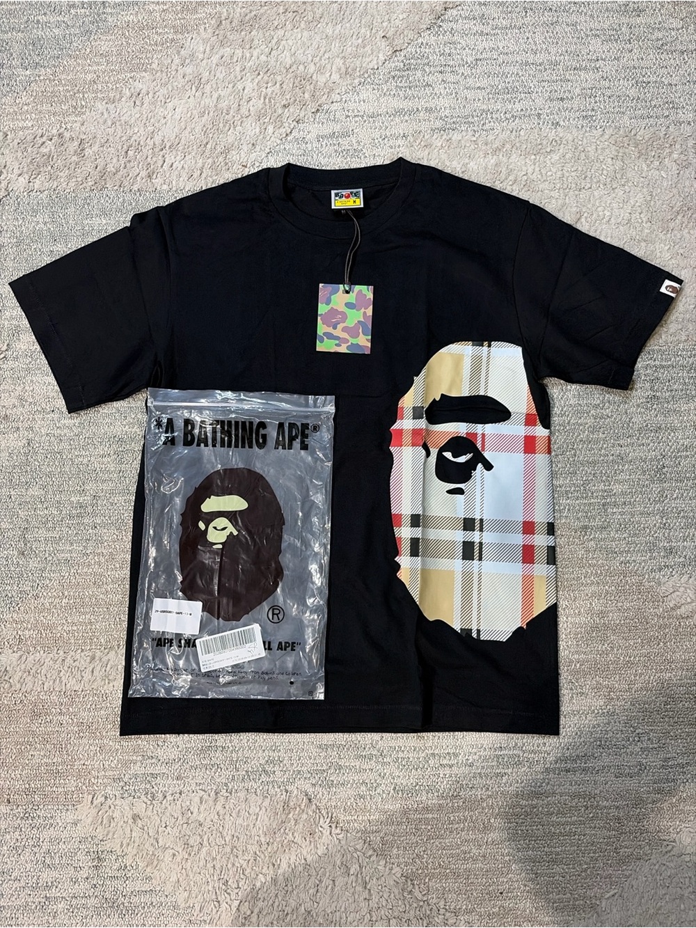 Bape Black Short Sleeve Tee with Plaid Ape Head Graphic